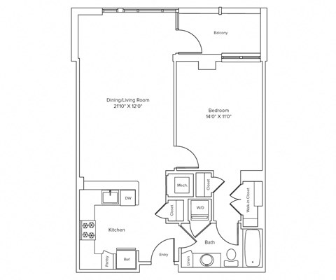 Floor plan for 1 bed, 1 bath, 756 sqft